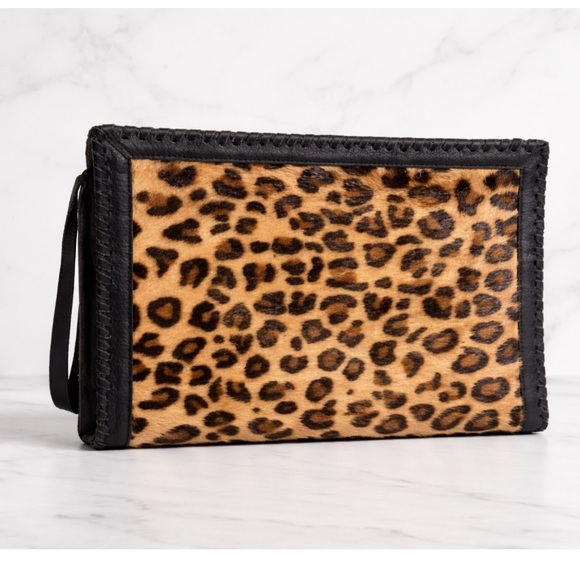 Cleobella Handbags - Cleobella Leopard Print Calf Hair Envelope Clutch with Black Leather Trim